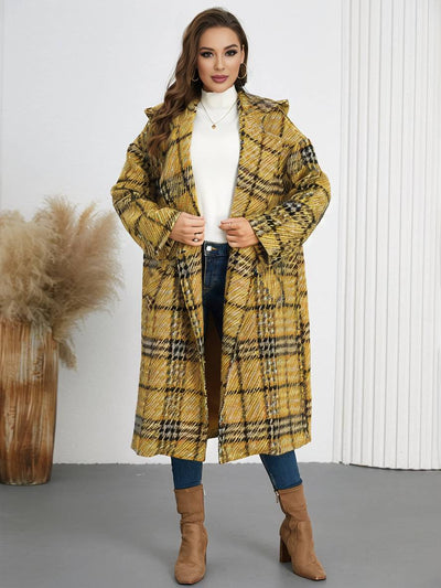 Cocolii longue manteau en laine carreaux à capuche double boutonnage femme décontracté hiver veste prince de galles