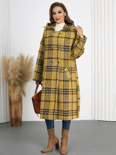 Cocolii longue manteau en laine carreaux à capuche double boutonnage femme décontracté hiver veste prince de galles