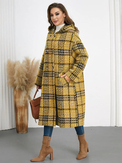 Cocolii longue manteau en laine carreaux à capuche double boutonnage femme décontracté hiver veste prince de galles