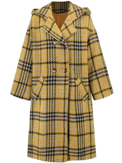 Cocolii longue manteau en laine carreaux à capuche double boutonnage femme décontracté hiver veste prince de galles