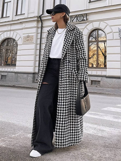 Cocolii manteau en laine long cheville femme pied de poule double boutonnage poches ceinture col revers femme oversized veste