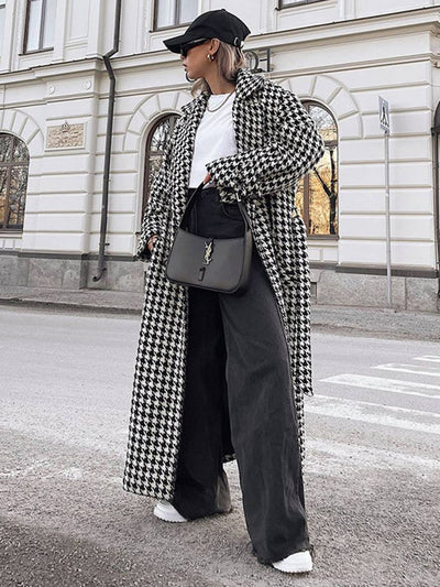 Cocolii manteau en laine long cheville femme pied de poule double boutonnage poches ceinture col revers femme oversized veste