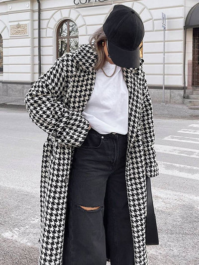 Cocolii manteau en laine long cheville femme pied de poule double boutonnage poches ceinture col revers femme oversized veste