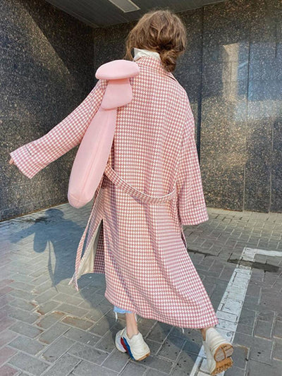 Cocolii manteau en laine long cheville femme pied de poule double boutonnage poches ceinture col revers femme oversized veste