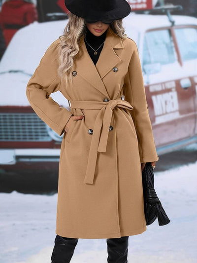 Cocolii mi-longue manteau en laine double boutonnage poches ceinture femme élégant décontracté casual veste