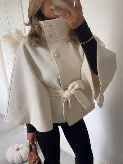 Cocolii court poncho manteau femme boutonnage ceinture col montant manches cape décontracté ample manteau cape