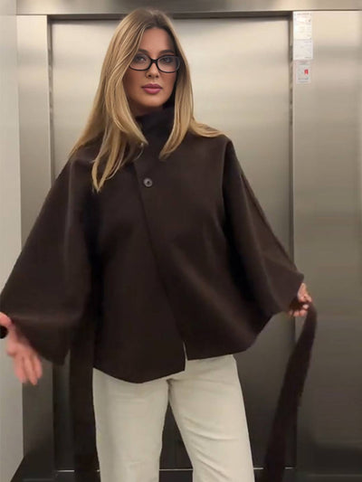 Cocolii court poncho manteau femme boutonnage ceinture col montant manches cape décontracté ample manteau cape