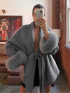 Cocolii mi-longue manteau en laine avec manches fausse fourrure ceinture femme élégant vintage décontracté hiver