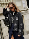 Cocolii court manteau gris femme avec brillante paillette broderies flocons de neige scintillantes et col montant oversized veste