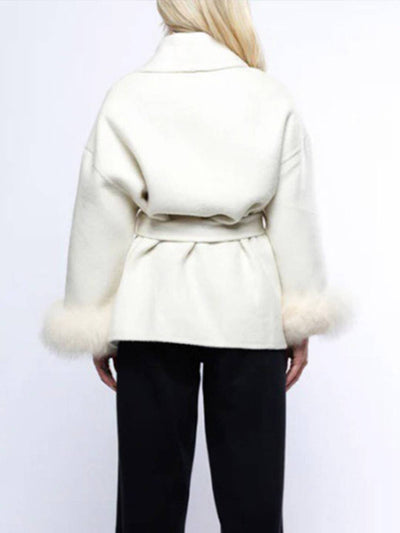 Cocolii mi-longue manteau en laine ceinture v-cou avec poignets en fausse fourrur manches longues femme élégant hiver veste