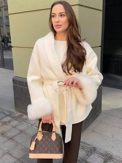 Cocolii mi-longue manteau en laine ceinture v-cou avec poignets en fausse fourrur manches longues femme élégant hiver veste