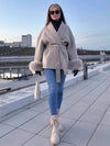Cocolii mi-longue manteau en laine ceinture v-cou avec poignets en fausse fourrur manches longues femme élégant hiver veste