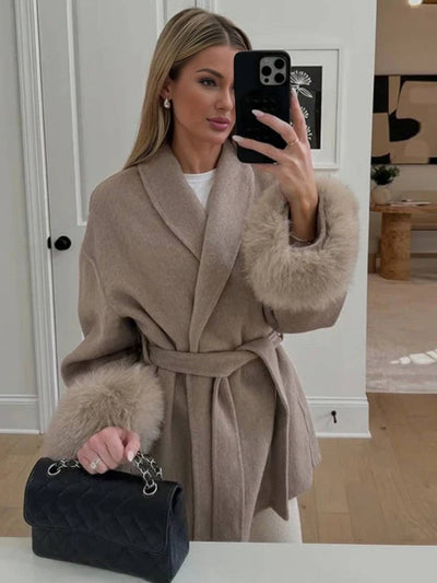 Cocolii mi-longue manteau en laine ceinture v-cou avec poignets en fausse fourrur manches longues femme élégant hiver veste