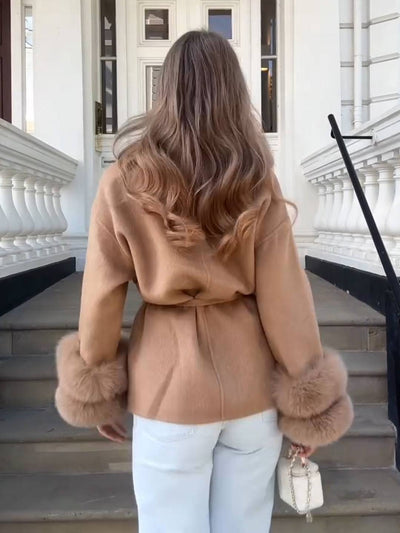 Cocolii mi-longue manteau femme ceinturé réversible veste d'hiver chic à poignets en fausse fourrure décontracté oversized