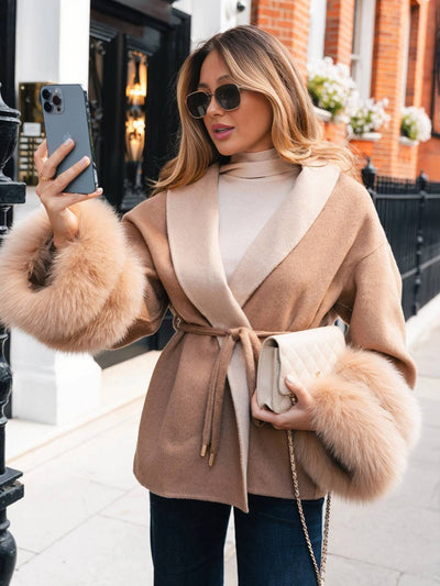 Cocolii mi-longue manteau femme ceinturé réversible veste d'hiver chic à poignets en fausse fourrure décontracté oversized