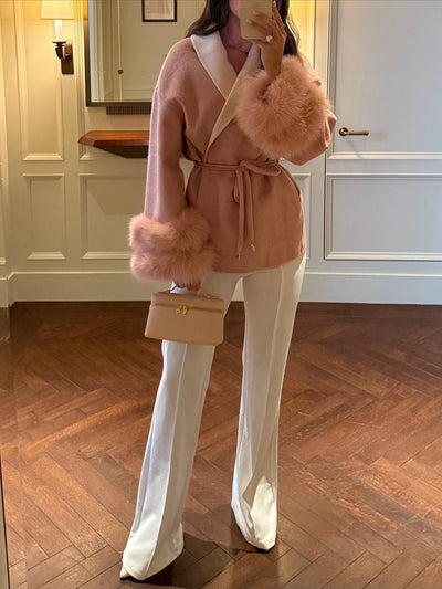 Cocolii mi-longue manteau femme ceinturé réversible veste d'hiver chic à poignets en fausse fourrure décontracté oversized