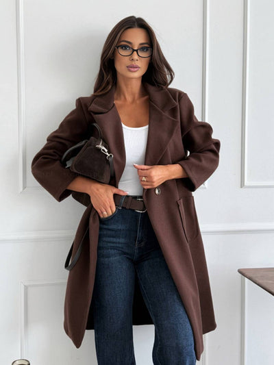 Cocolii mi-longue manteau boutonnage poches col revers manches longues veste style laine femme décontracté pour bureau