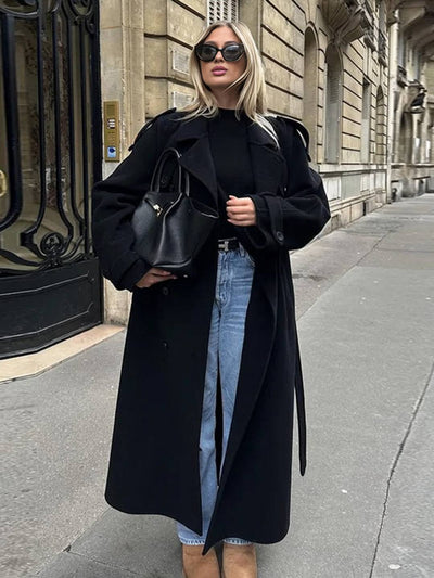 Cocolii longue manteau en laine double boutonnage poches ceinture col revers femme élégant oversized hiver veste