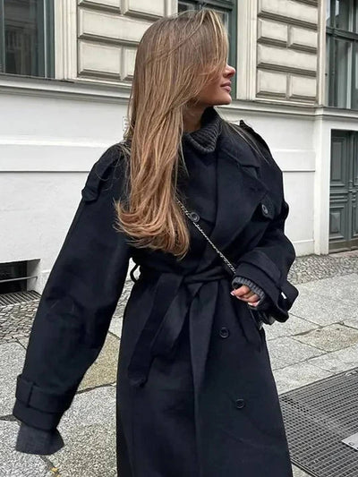 Cocolii longue manteau en laine double boutonnage poches ceinture col revers femme élégant oversized hiver veste