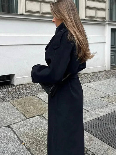 Cocolii longue manteau en laine double boutonnage poches ceinture col revers femme élégant oversized hiver veste