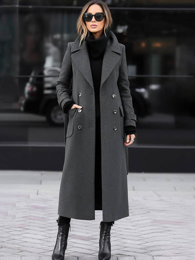 Cocolii manteau long cheville femme en lain double boutonnage poches ceinture col revers élégant blouson