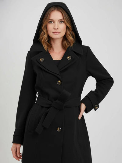 Cocolii mi-longue manteau en laine à capuche et ceinture boutonnage poches femme élégant décontracté chic chaud veste