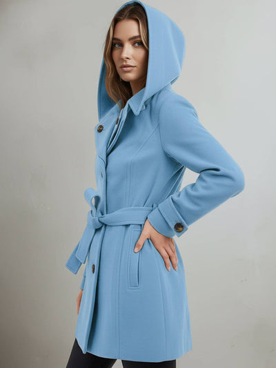 Cocolii mi-longue manteau en laine à capuche et ceinture boutonnage poches femme élégant décontracté chic chaud veste