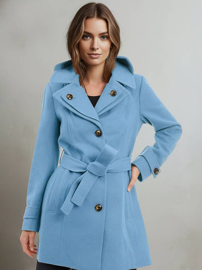Cocolii mi-longue manteau en laine à capuche et ceinture boutonnage poches femme élégant décontracté chic chaud veste