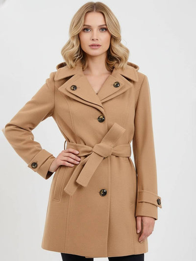 Cocolii mi-longue manteau en laine à capuche et ceinture boutonnage poches femme élégant décontracté chic chaud veste