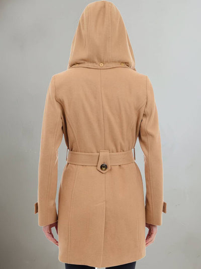 Cocolii mi-longue manteau en laine à capuche et ceinture boutonnage poches femme élégant décontracté chic chaud veste