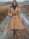 Cocolii longue manteau en laine femme double boutonnage poches ceinture col revers manches longues élégant vintage style trench