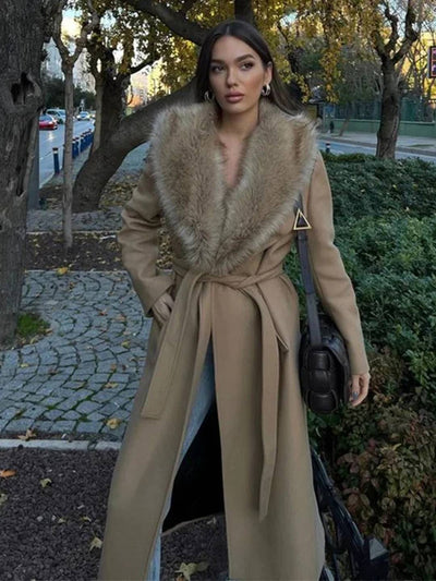 Cocolii longue manteau en laine femme hiver fausse fourrure col ceinture poches élégant décontracté pardessus