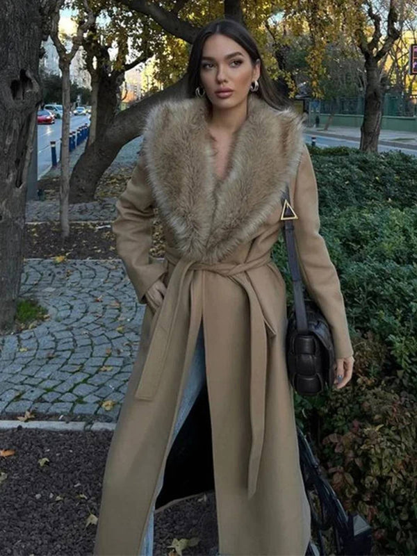 Cocolii longue manteau en laine femme hiver fausse fourrure col ceinture poches élégant décontracté pardessus