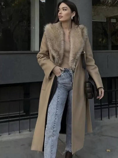 Cocolii longue manteau en laine femme hiver fausse fourrure col ceinture poches élégant décontracté pardessus