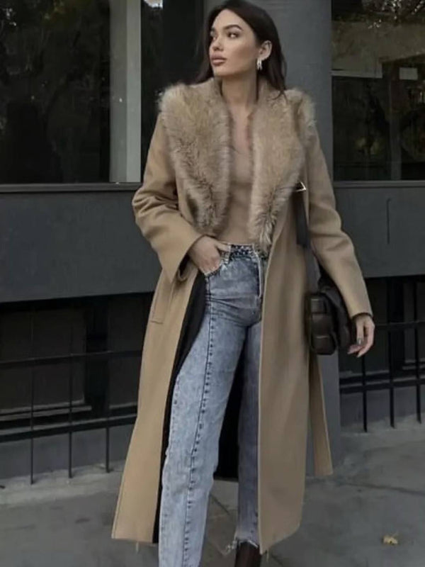 Cocolii longue manteau en laine femme hiver fausse fourrure col ceinture poches élégant décontracté pardessus