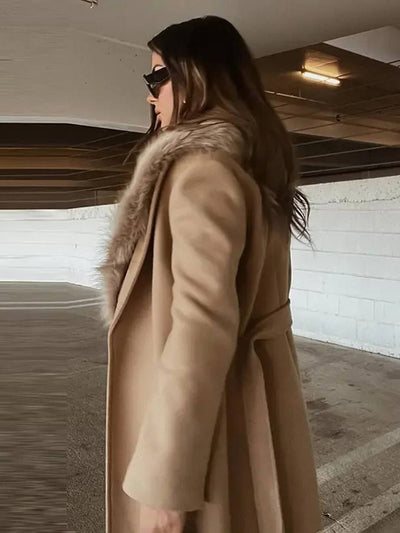 Cocolii longue manteau en laine femme hiver fausse fourrure col ceinture poches élégant décontracté pardessus