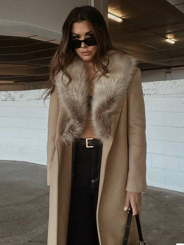 Cocolii longue manteau en laine femme hiver fausse fourrure col ceinture poches élégant décontracté pardessus