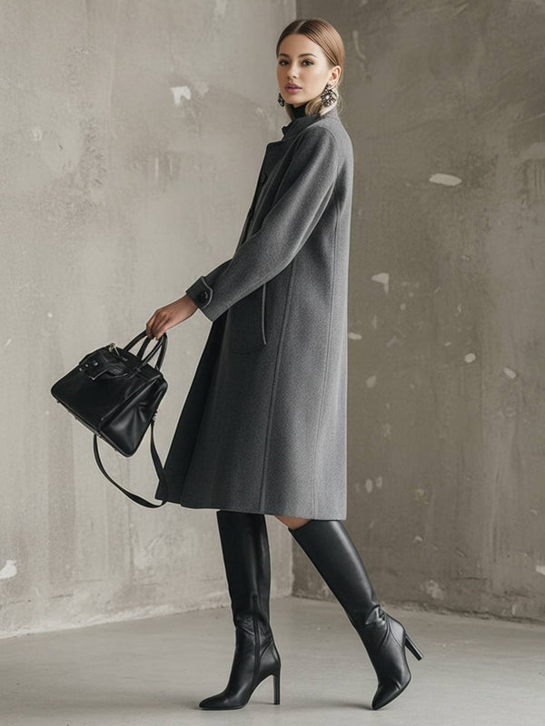 Cocolii mi-longue manteau en laine suedine boutonnage col montant manches longues femme élégant vintage blouson