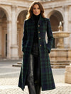 Cocolii mi-longue manteau femme à carreaux écossais tartan bleu et vert boutonnage élégant vintage veste d'hiver