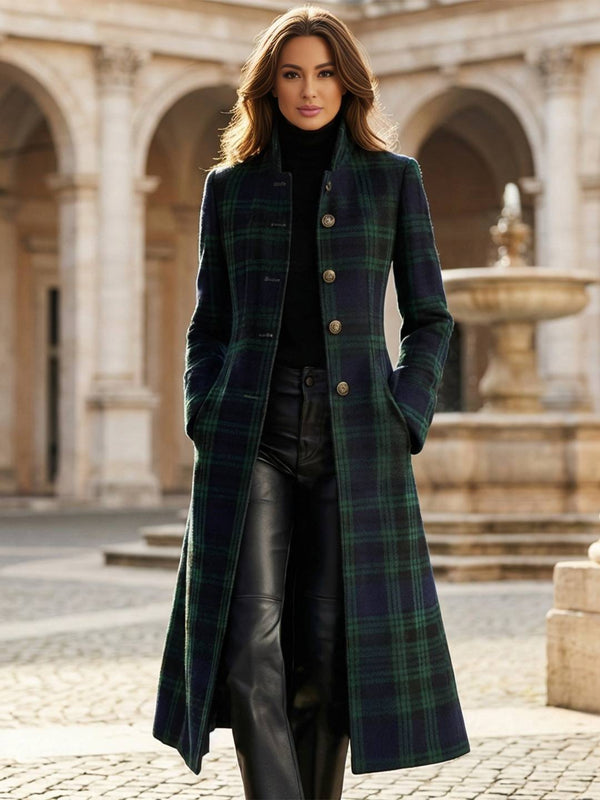 Cocolii mi-longue manteau femme à carreaux écossais tartan bleu et vert boutonnage élégant vintage veste d'hiver