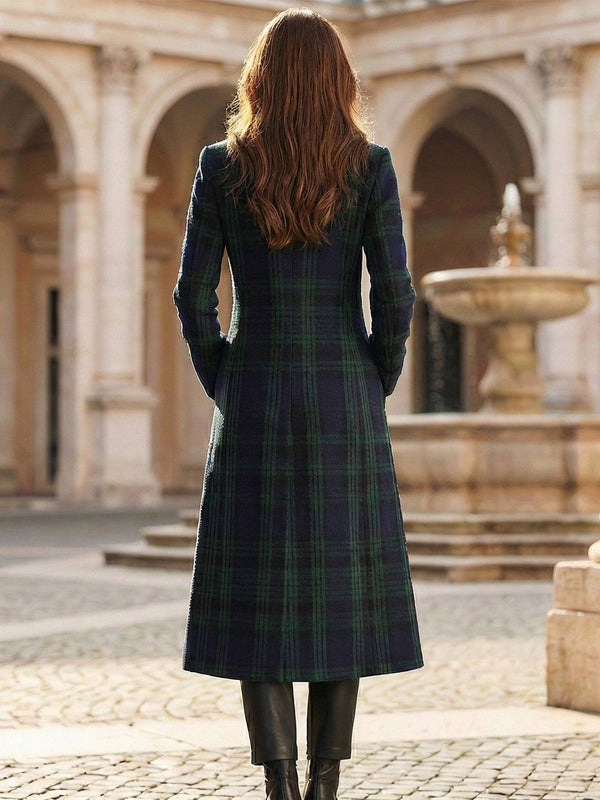 Cocolii mi-longue manteau femme à carreaux écossais tartan bleu et vert boutonnage élégant vintage veste d'hiver