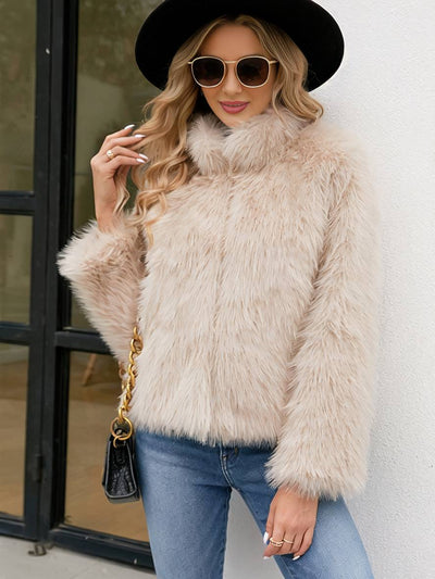 Cocolii manteau en fausse fourrure unicolore col montant poches manches longues femme élégant décontracté hiver veste