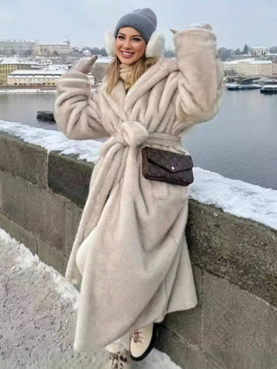 Cocolii longue manteau en fausse fourrure ceinture poches femme élégant décontracté oversized hiver veste