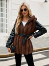 Cocolii mi-longue manteau en fausse fourrure à capuche fermeture éclair poches ceinture femme hiver veste décontracté ample