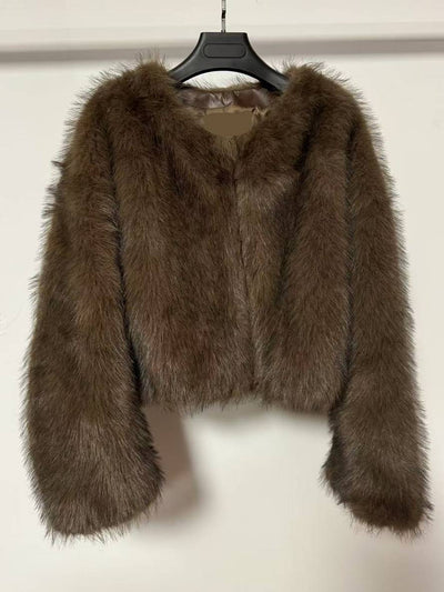 Cocolii court manteau en fausse fourrure unicolore col rond manches longues femme élégant décontracté veste