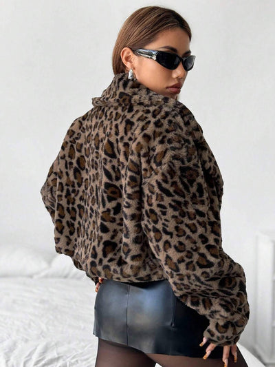 Cocolii veste court femme léopard polaire molleton col revers manches longues décontracté manteau d'hiver chaud