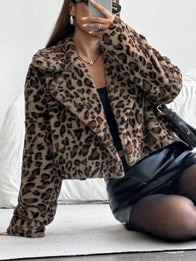 Cocolii veste court femme léopard polaire molleton col revers manches longues décontracté manteau d'hiver chaud