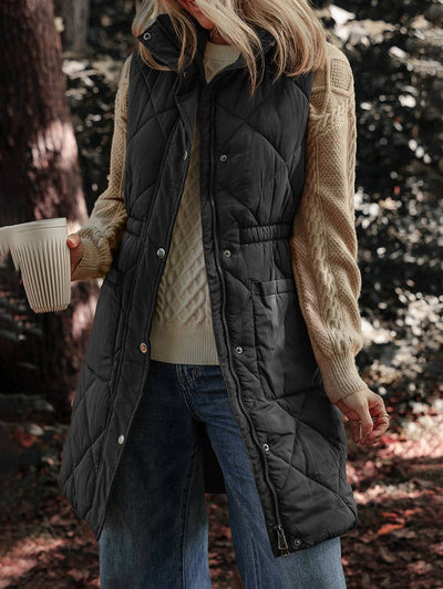 Cocolii mi-longue manteau doudoune col montant sans manches boutonnage poches femme élégant décontracté hiver gilet