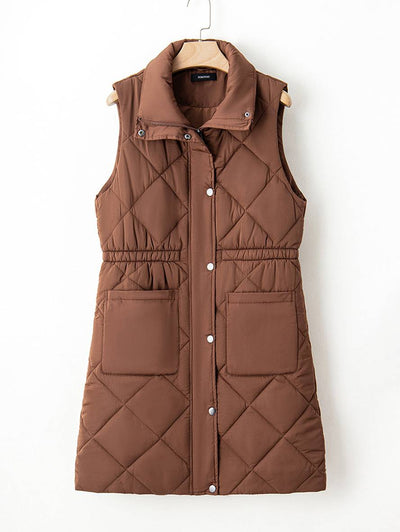 Cocolii mi-longue manteau doudoune col montant sans manches boutonnage poches femme élégant décontracté hiver gilet