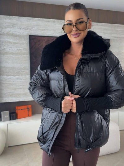 Cocolii doudoune femme fausse fourrure col poches col revers manches longues hiver chaude manteau matelassé veste